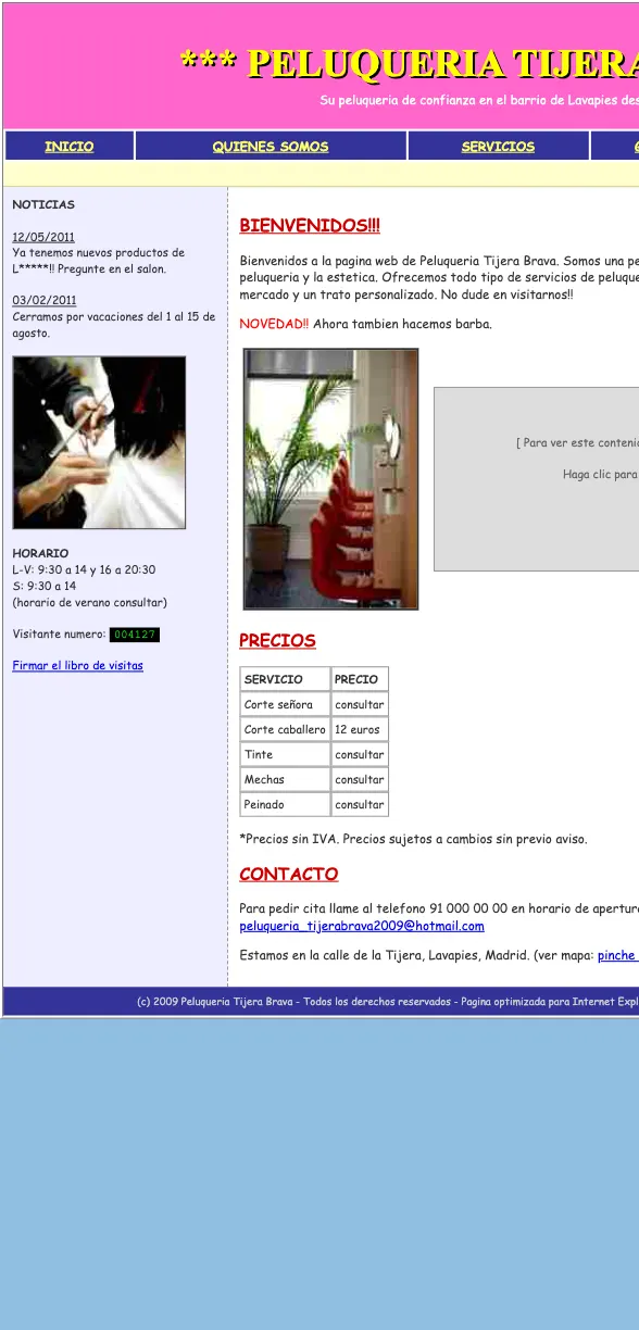 Before: a sample hair salon's old website on a phone. It doesn't fit the screen, the text is tiny and there's a Flash box.