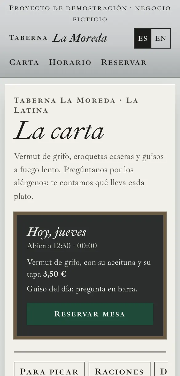 Sample site for Taberna La Moreda: the menu is the front page.